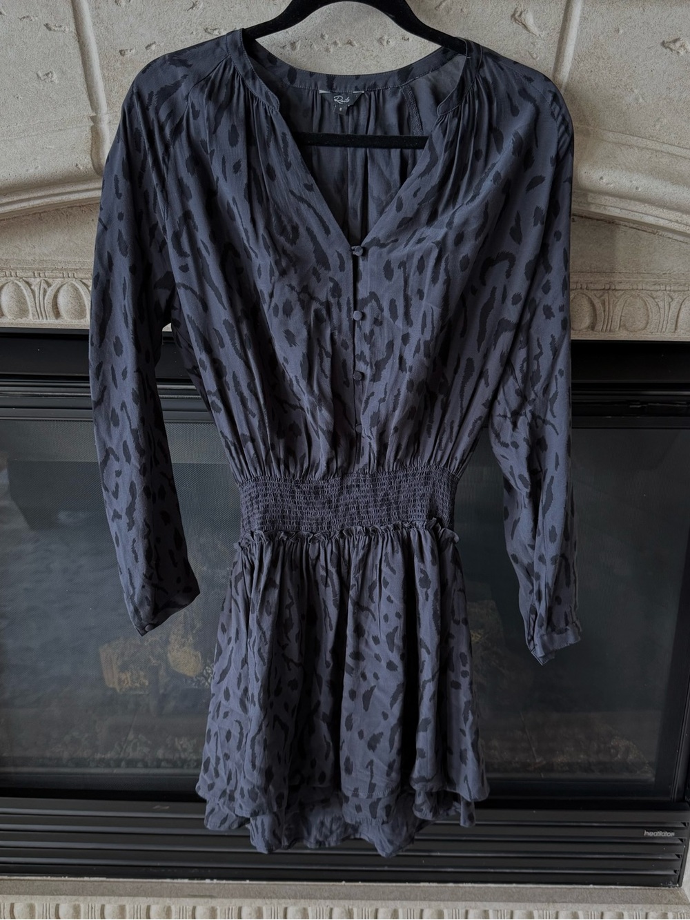 Rails Long Sleeve Smocked Waist Dress in Charcoal/Black Leopard